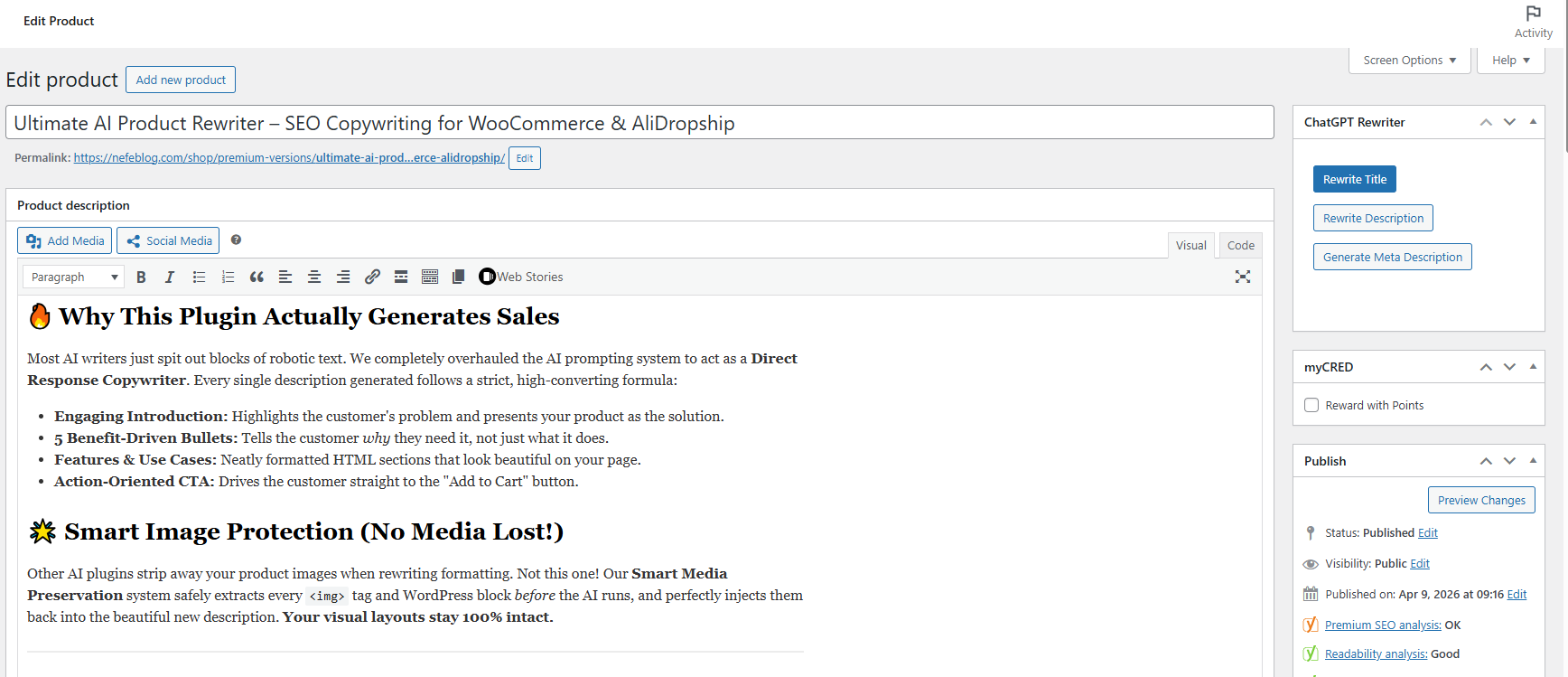 Ultimate AI Product Rewriter inside the WordPress product editor showing rewrite buttons for title and description