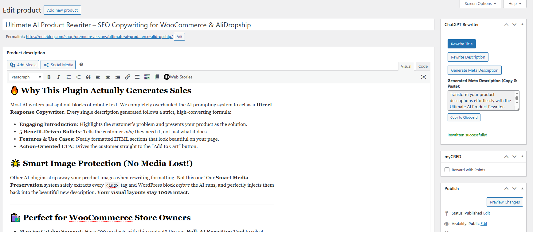 Ultimate AI Product Rewriter generating a meta description inside the WordPress product editor